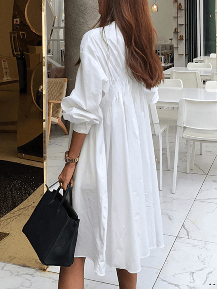Women Solid Color Pleated Long Sleeve Casual Shirt Midi Dresses - MRSLM