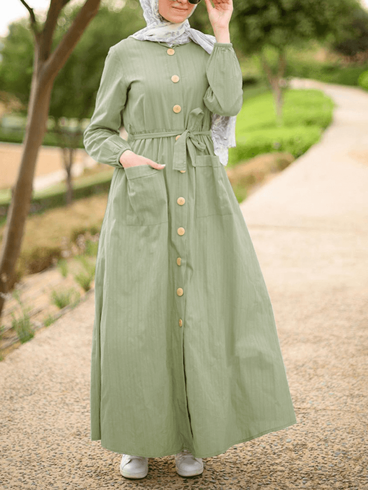 Women Front Pockets Lace-Up Mid-Calf Kaftan Length Maxi Dresses - MRSLM