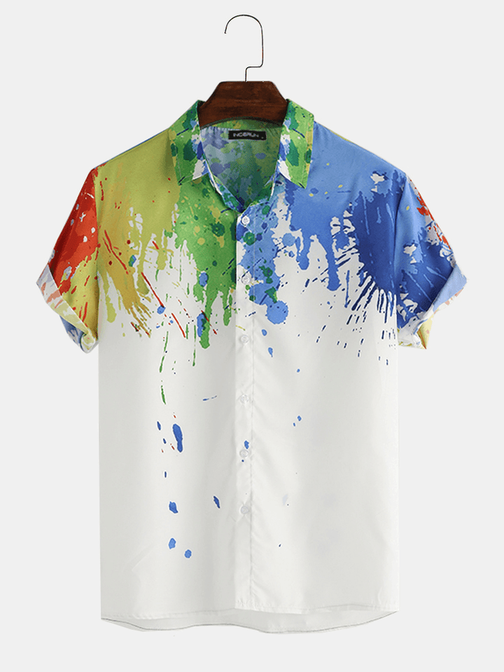 Mens Splash Ink Watercolor Print Short Sleeve Beach Party Business Casual Shirts - MRSLM