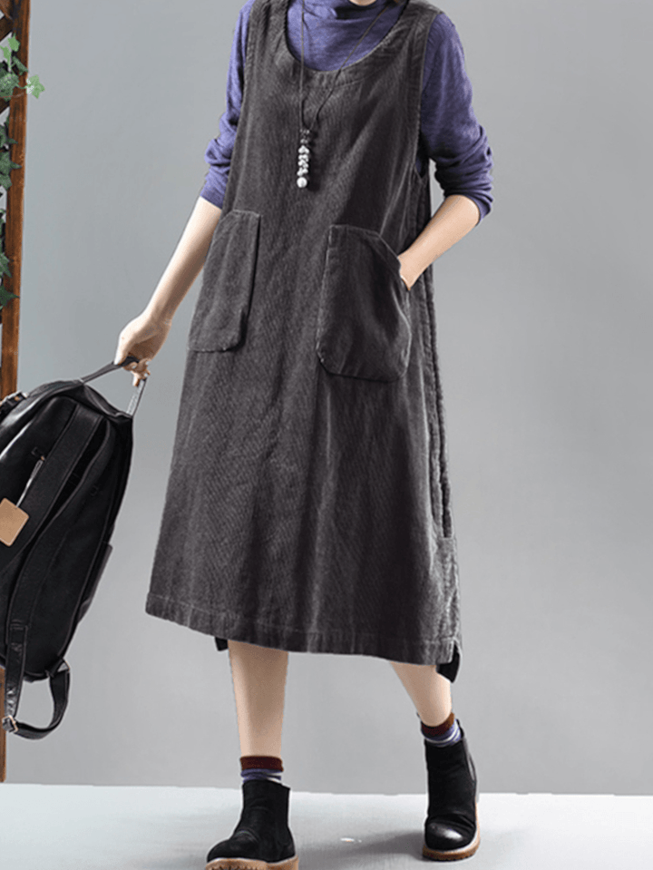 Women Solid Corduroy Sleeveless Side Pocket Knee Length Midi Dresses - MRSLM