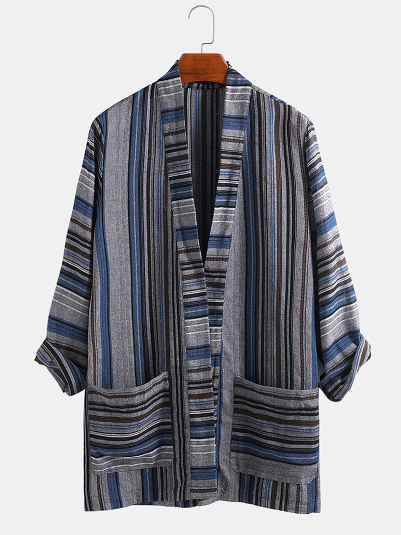 Mens Cotton Vintage Stripe Dual Pocket Kimono Cardigan Shirts - MRSLM