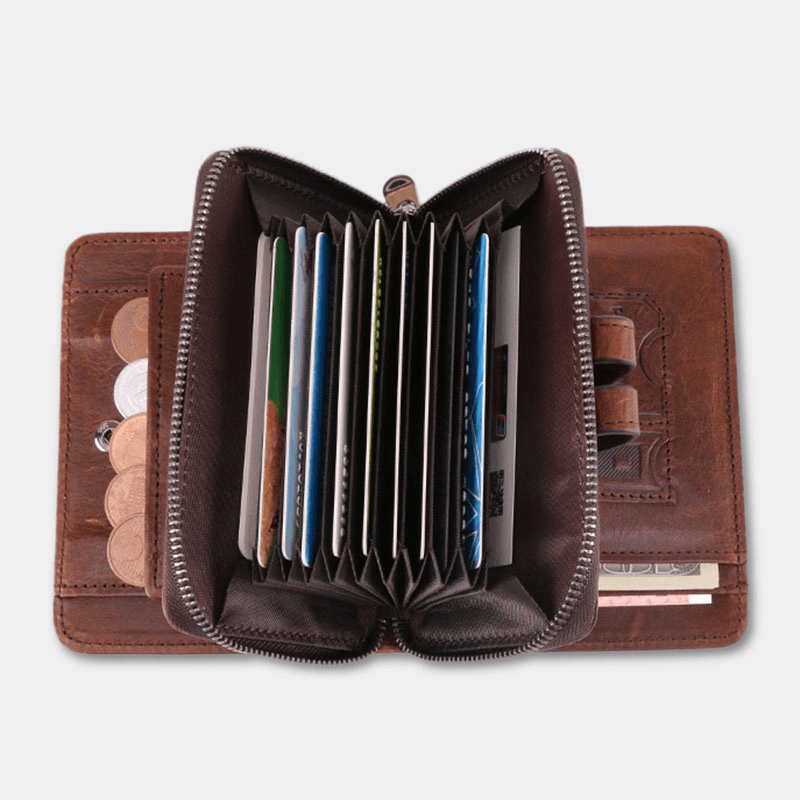 Men Short Bifold RFID Anti-Magnetic Wallet Multifunction Genuine Leather Multi-Card Slot Card Holder Coin Purse Organ Wallet - MRSLM