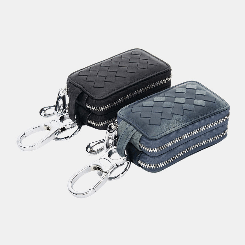 Unsiex Genuine Leather Double Zipper Hanging Woven Pattern Car Key Case Holder Keychain Wallet - MRSLM