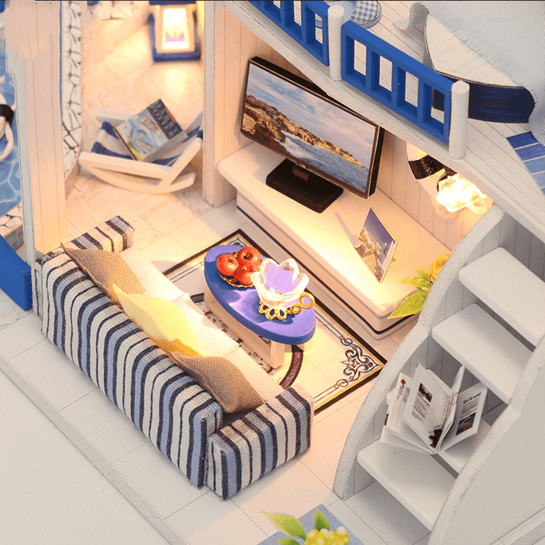 Wooden 3D DIY Handmade Assemble Doll House Miniature Kit with Furniture LED Light Education Toy for Kids Gift Collection - MRSLM