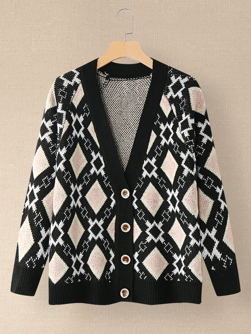 Women Argyle Pattern Geometric Knitted Casual Animated Button Cardigan - MRSLM