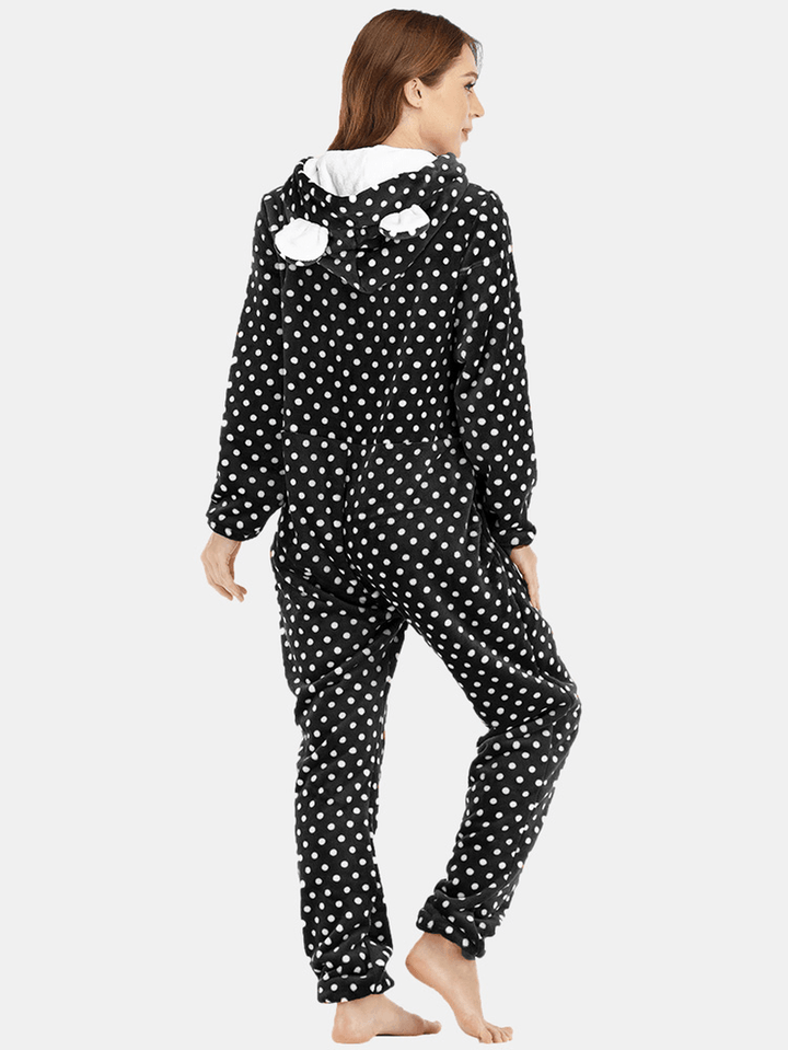 Flannel Front Zip Polka Dot Onesie Long Sleeve Animals Pajama Set - MRSLM