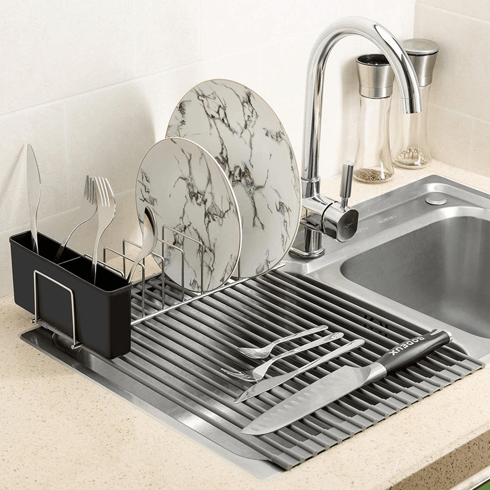 Dish Drying Rack Roll up No-Slip Silicone-Coated Kitchen Multipurpose Sink Drainer Foldable Drain Shelf - MRSLM