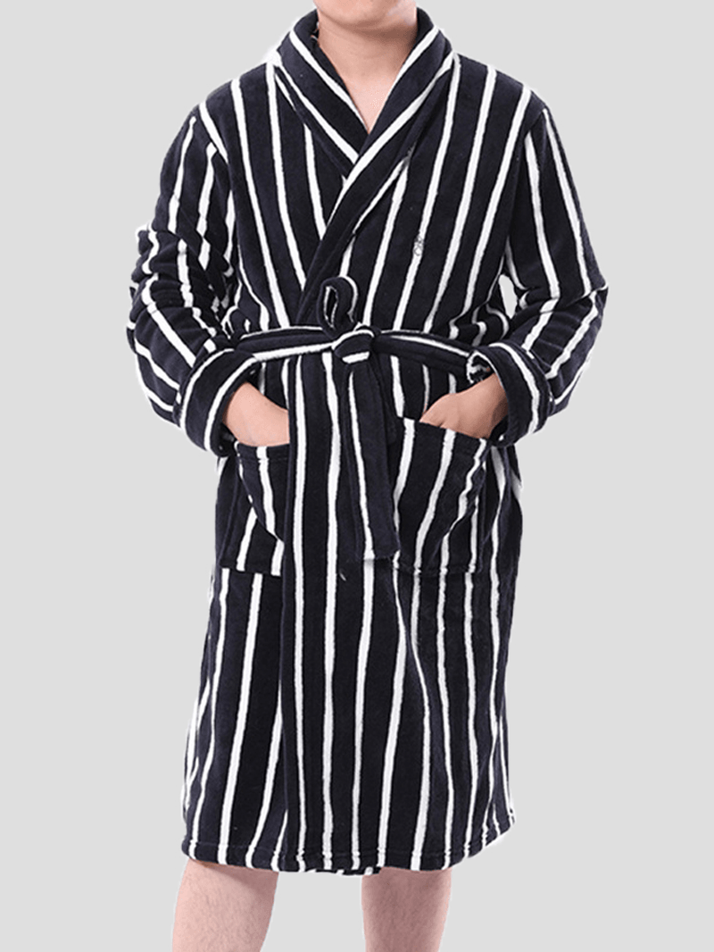 Mens Basic Striped Print Flannel Winter Thick Mid-Length Home Lounge Robes - MRSLM