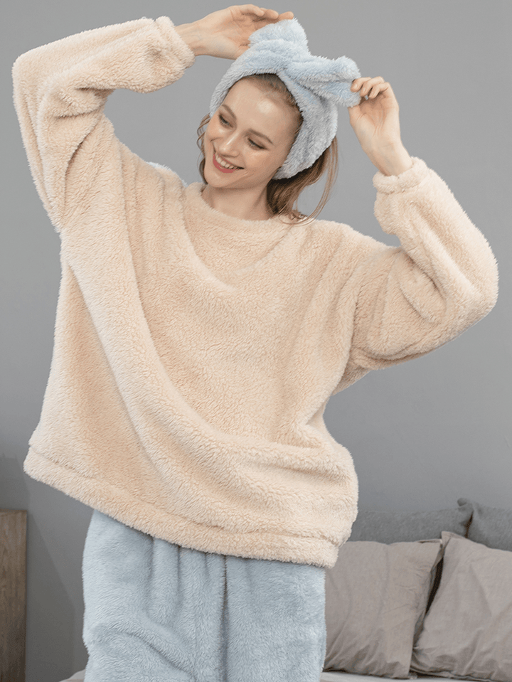 Women Contrast Double Plush Warm Crew Neck Elastic Cuff Comfy Pajamas Set with Scarf - MRSLM