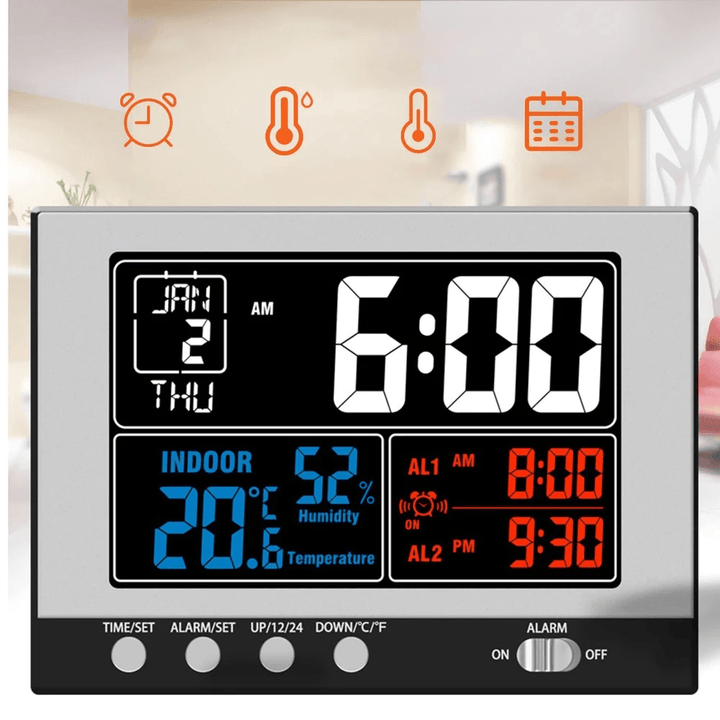 Digital Multifunctional Alarm Clock Indoor Temperature Humidity Monitor Thermo-Hygromete Large Color Display with Backlight Perpetual Calendar - MRSLM