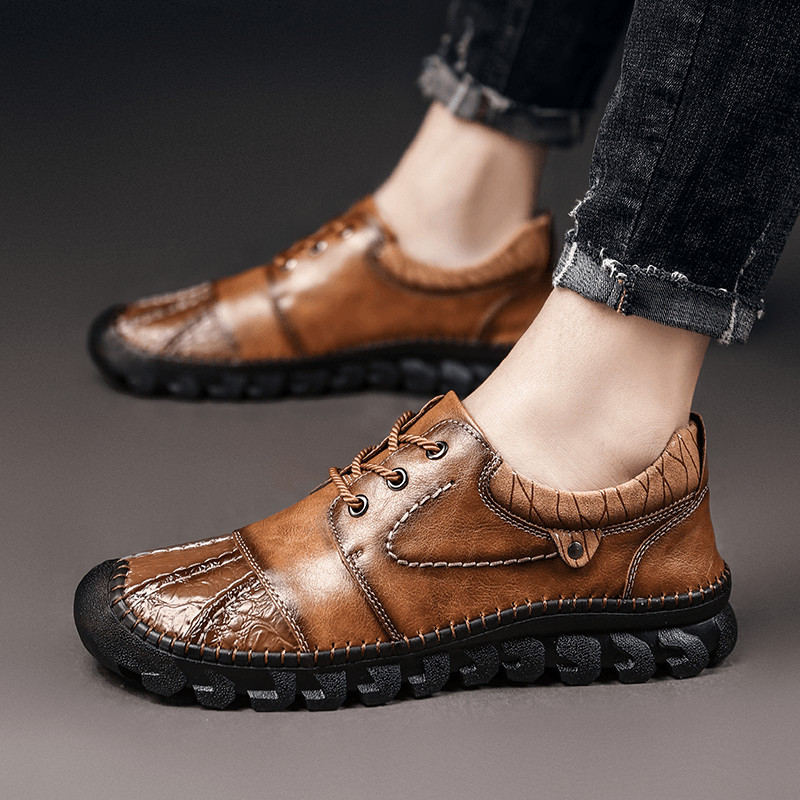 Men Genuine Leather Toe-Protected Breathable Soft Lightweight Lace-Up Tooling Shoes Hand Stitching Shoes - MRSLM