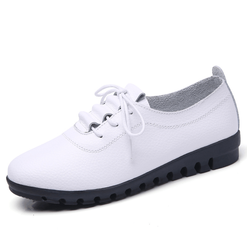 Women Non-Slip Solid Color Leather Lace-Up Soft Sole Flats - MRSLM