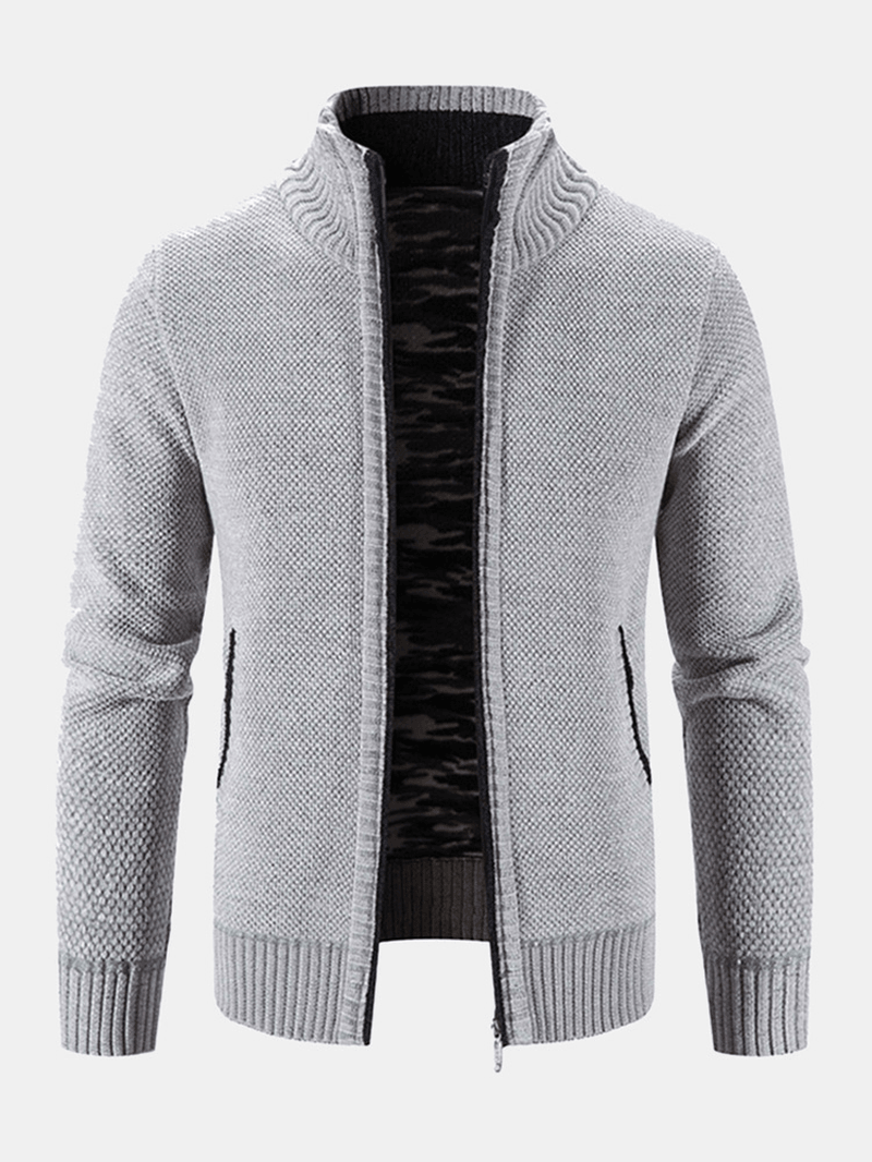 Men Knitted plus Velvets Elastic Hem Pockets Zipper Pure Solid Sweater Cardigans - MRSLM