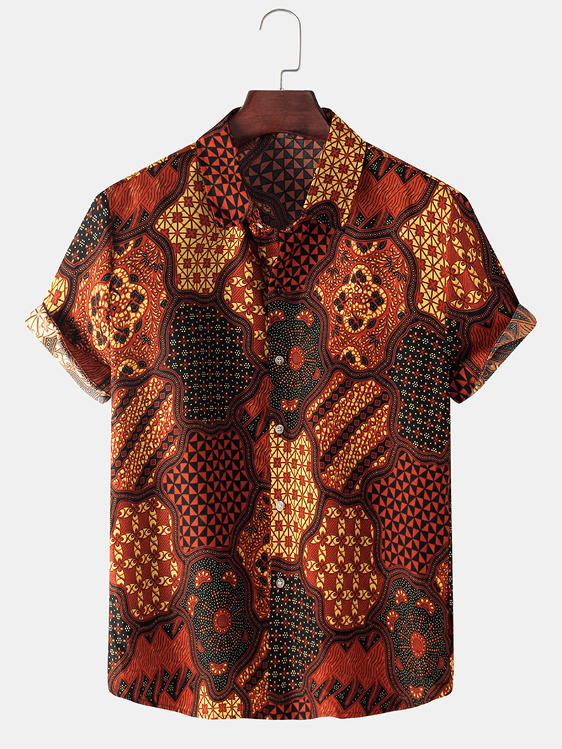Ethnic Style Bandana Print Mens Lapel Collar Short Sleeve Shirts - MRSLM