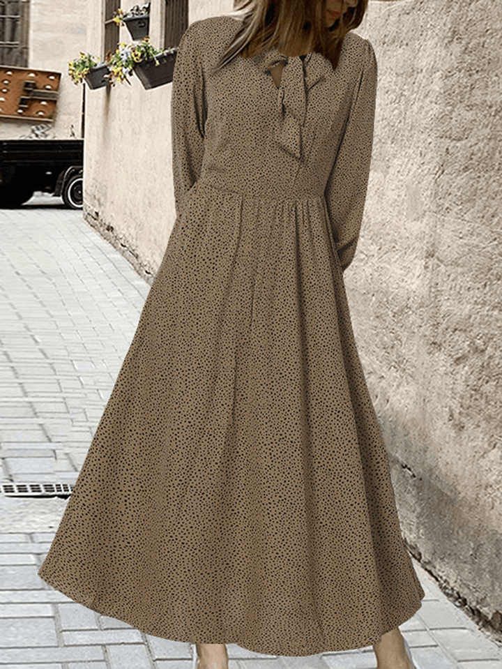 Women Vintage Polka Dot Print Knotted Big Swing Casual Long Sleeve Dress - MRSLM