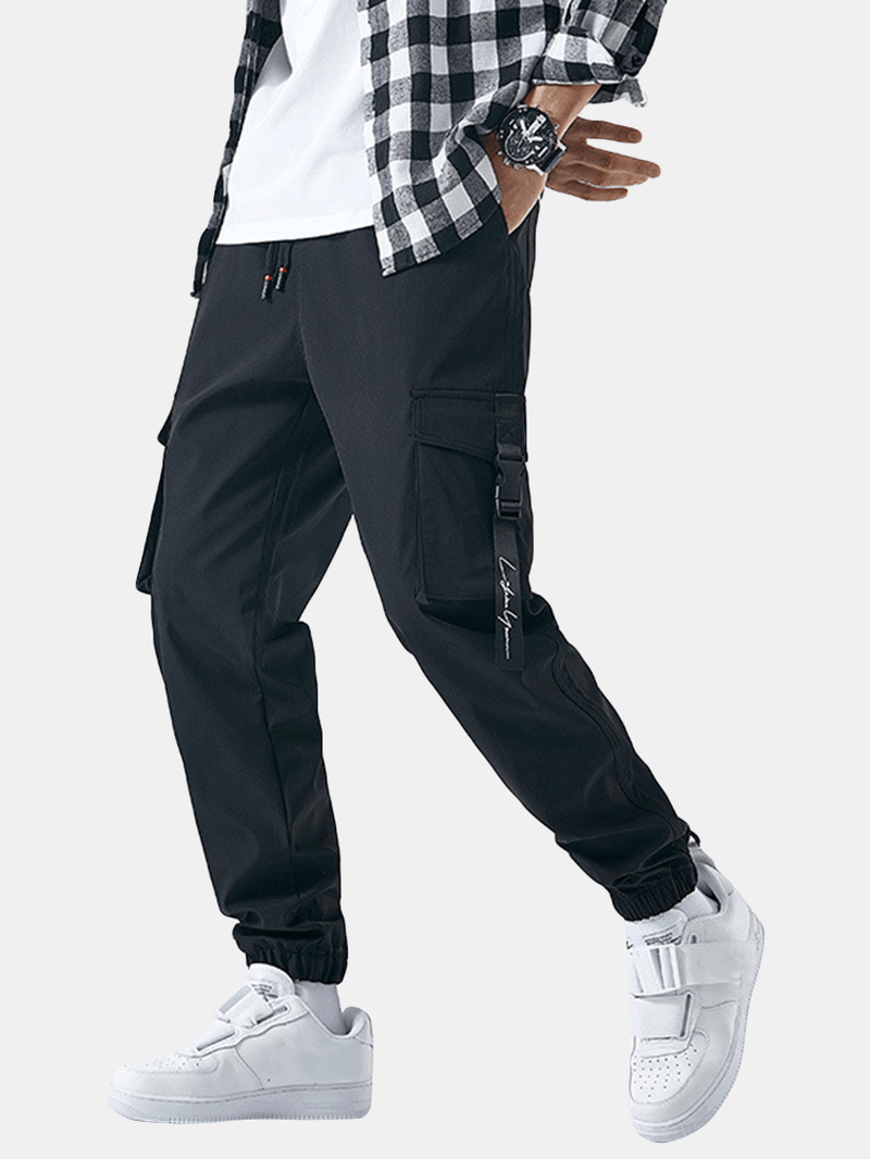Mens Cotton Solid Drawstring Elastic Ankle Cargo Pants with Push Buckle Pocket - MRSLM