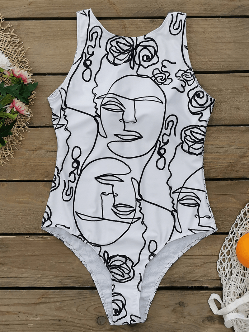 Women Abstract Print High Neck Swimsuit Sleeveless One Piece - MRSLM