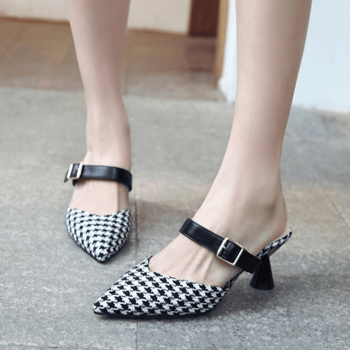 Women Retro Elegant Lattice Pattern Pointed Toe Backless Cone Heel Shoes - MRSLM