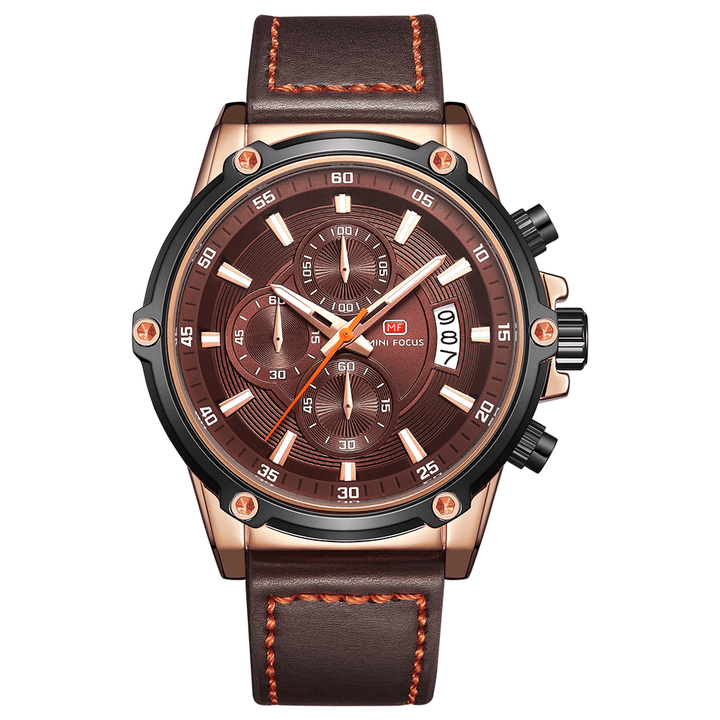 MINI FOCUS MF0175G Military Style Luminous Date Leather Strap Men Wrist Watch Quartz Watch - MRSLM