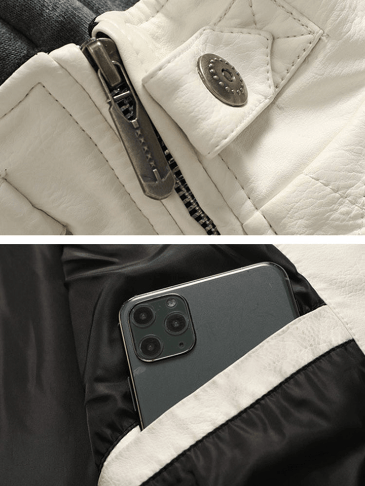 Mens Solid Color Drawstring Hooded Zipper Side Pocket Long Sleeve PU Jacket - MRSLM