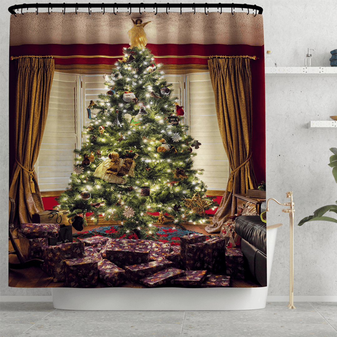 Merry Christmas Tree Shower Curtain Bath Pad Pedestal Rug Lid Toilet Cover Mat for Bathroom 2020 Christmas Decoration - MRSLM