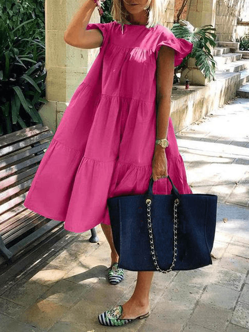 Women Solid Color Loose Ruffles Short Sleeve Casual Midi Dresses - MRSLM