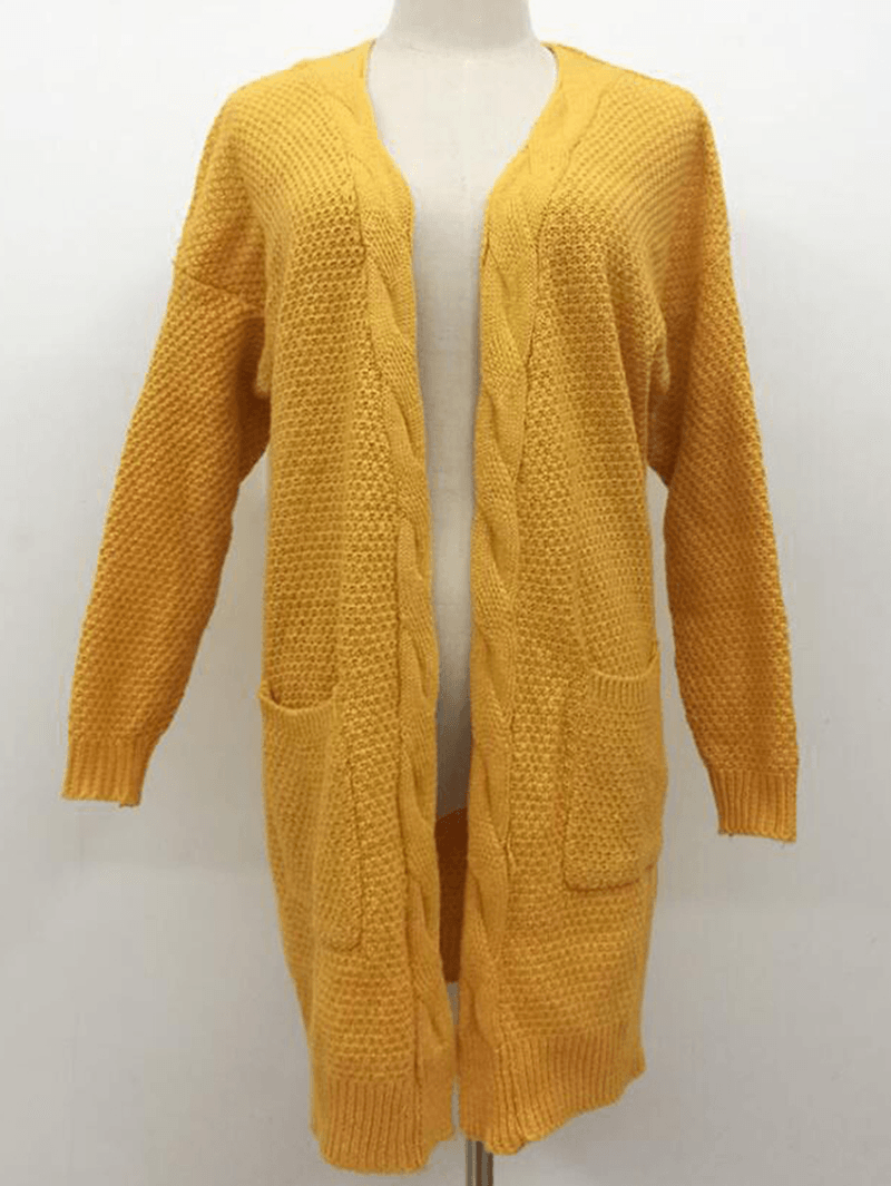Women Knitted Solid Color Loose Pocket Twisted Cardigans - MRSLM
