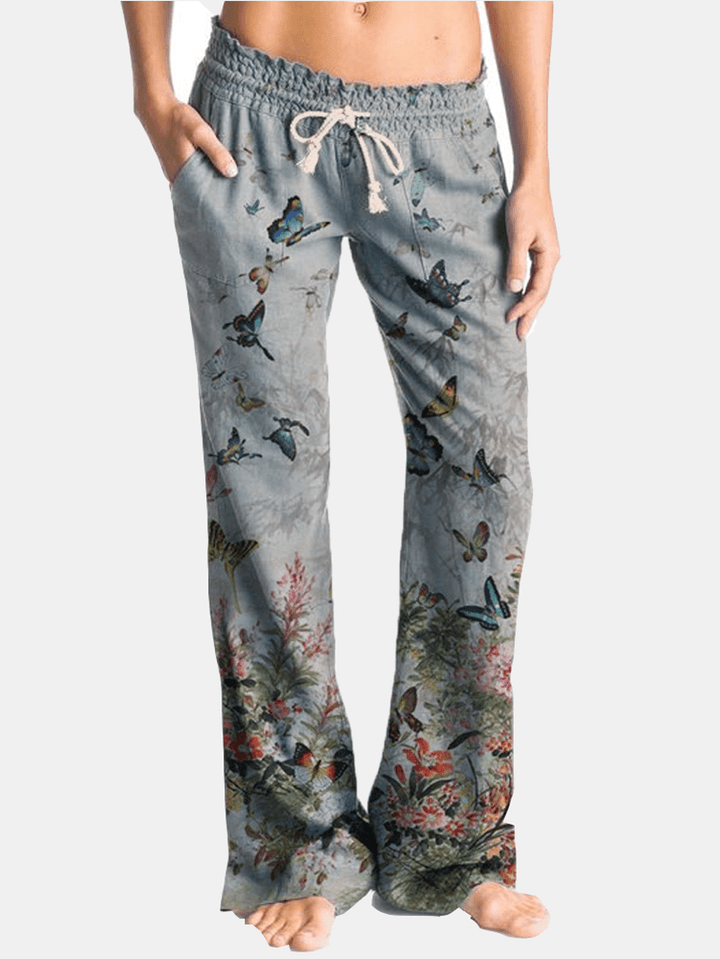 Butterfly Flower Print Drawstring Elastic Waist Casual Pants for Women - MRSLM