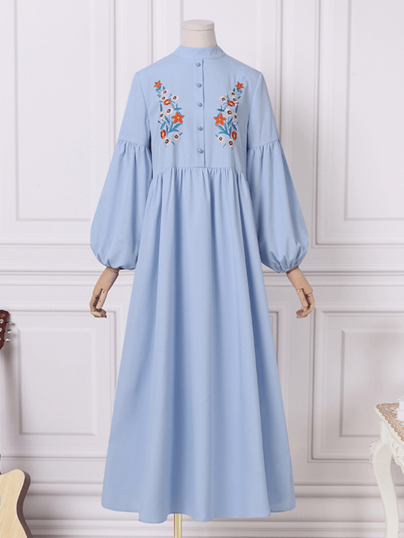 Women Lantern Sleeve Stand Collar Embroidery Pleats Long Sleeve Ankle Length Maxi Dresses - MRSLM