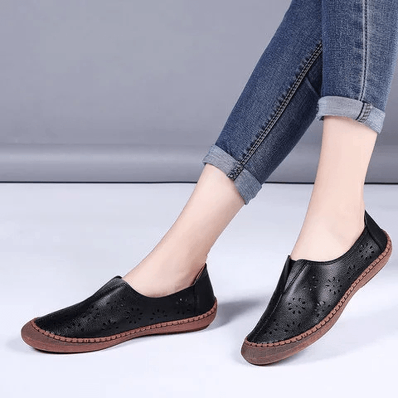 Women Genuine Leather Slip on Elastic Band Breathable Hollow Out Spring Causal Flats Loafers - MRSLM
