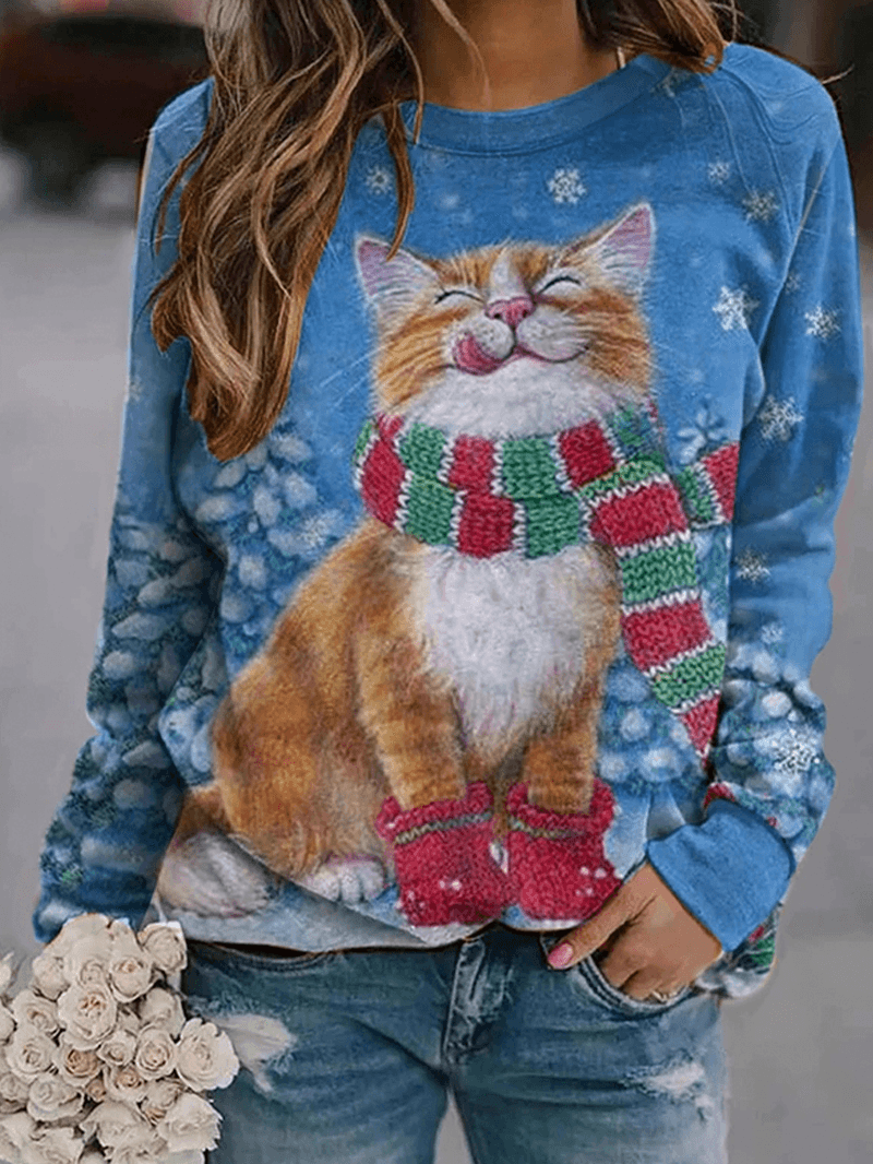 Women Christmas Allover Cute Cat Printed O-Neck Long Sleeve Sweatshirts - MRSLM