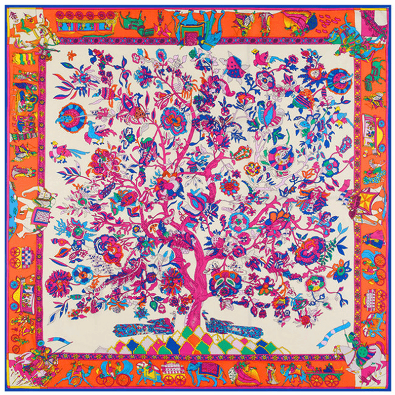 130Cm Fortune Tree Tree of Life Ethnic Flower Pattern Ladies Twill Scarf Travel Scarf - MRSLM