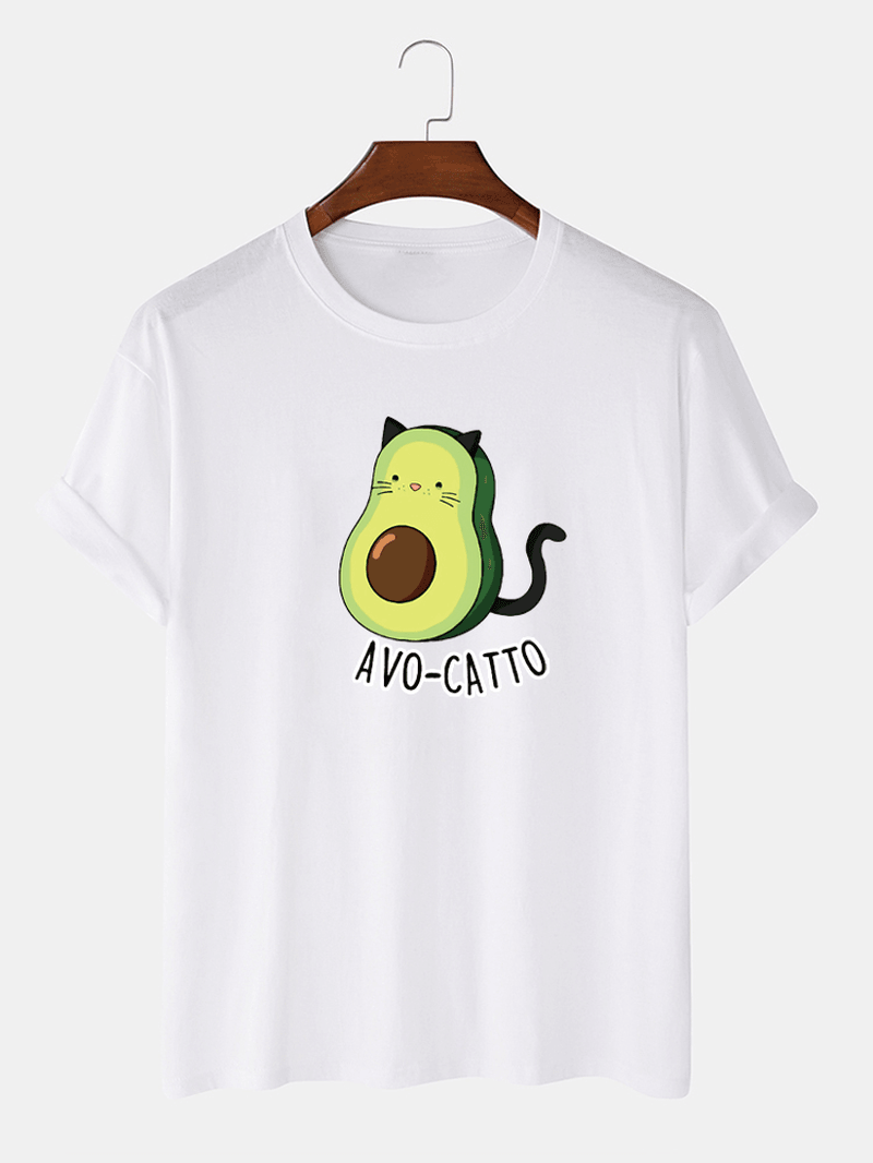 Mens 100% Cotton Cute Cartoon Avocado Cat Printed Short Sleeve Loose T-Shirts - MRSLM