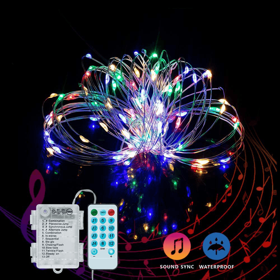 YOZATIA 50/100Leds 32.8Ft Christmas Decorative LED String Lights Sound Activated Music 12 Modes Waterproof Silver Wire Multicolor USB Powered Fairy Lights with Remote Control for Home Party Birthday Wedding Decor - MRSLM