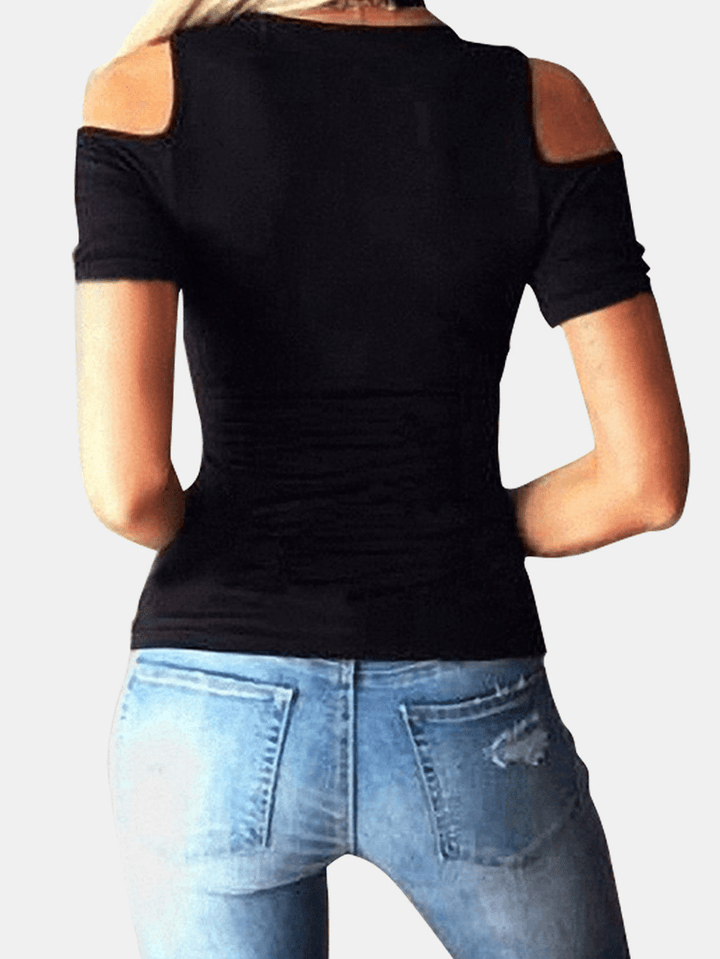 Solid Color V-Neck Cross Straps off Shoulder Short Sleeve T-Shirts - MRSLM