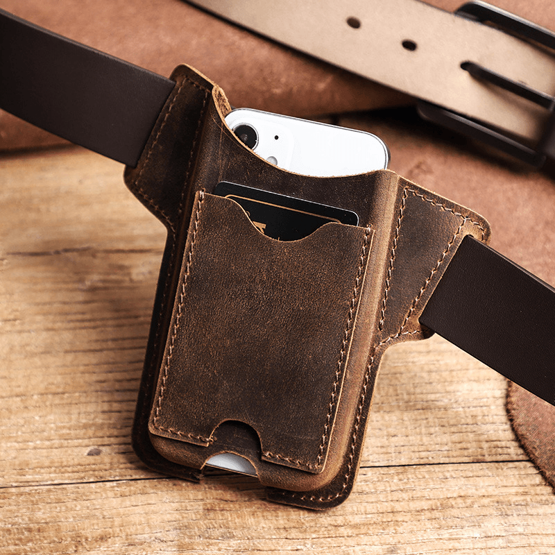 Men Genuine Leather Vintage EDC 5.8 Inch Phone Bag Phone Case ID Wallets Purse Waist Bag - MRSLM