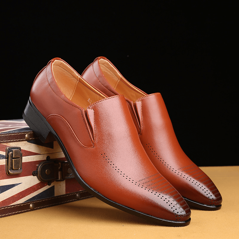 Men Leather Breathable Soft Sole Slip on Brief England Style Casual Dress Shoes - MRSLM