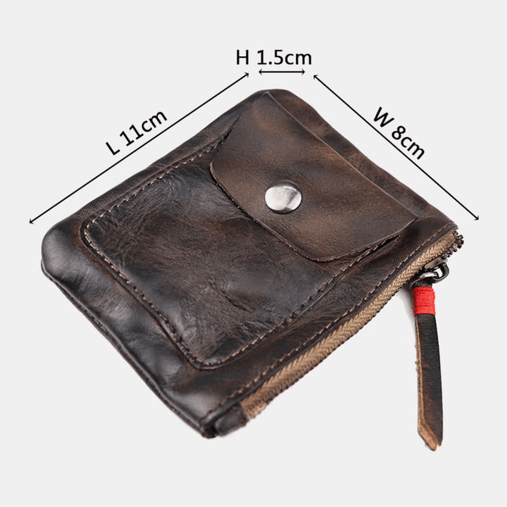 Men Genuine Leather Vegetable Tanned Leather Thin Zipper Wallet Fold Large Capacity Card Holder Money Clip Coin Purse - MRSLM