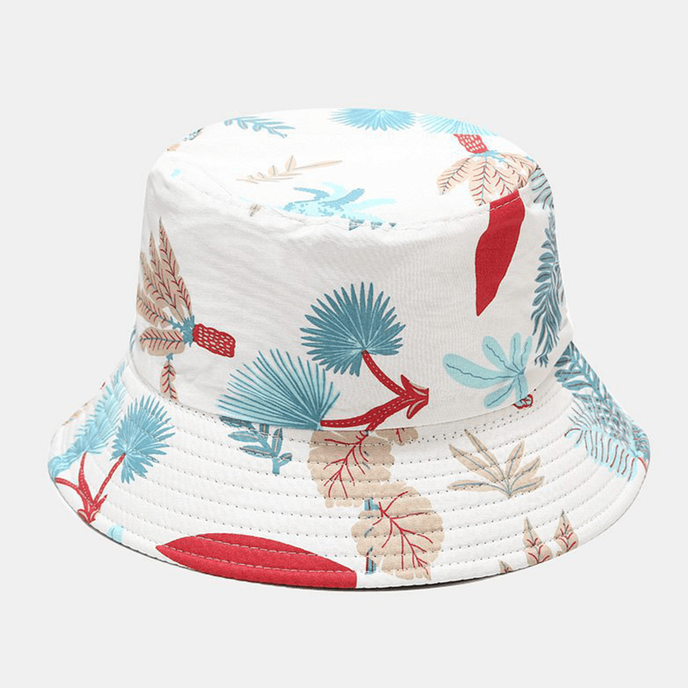 Women Double-Sided Summer UV Protection Marine Plant Pattern Casual Simple Sun Hat Bucket Hat - MRSLM