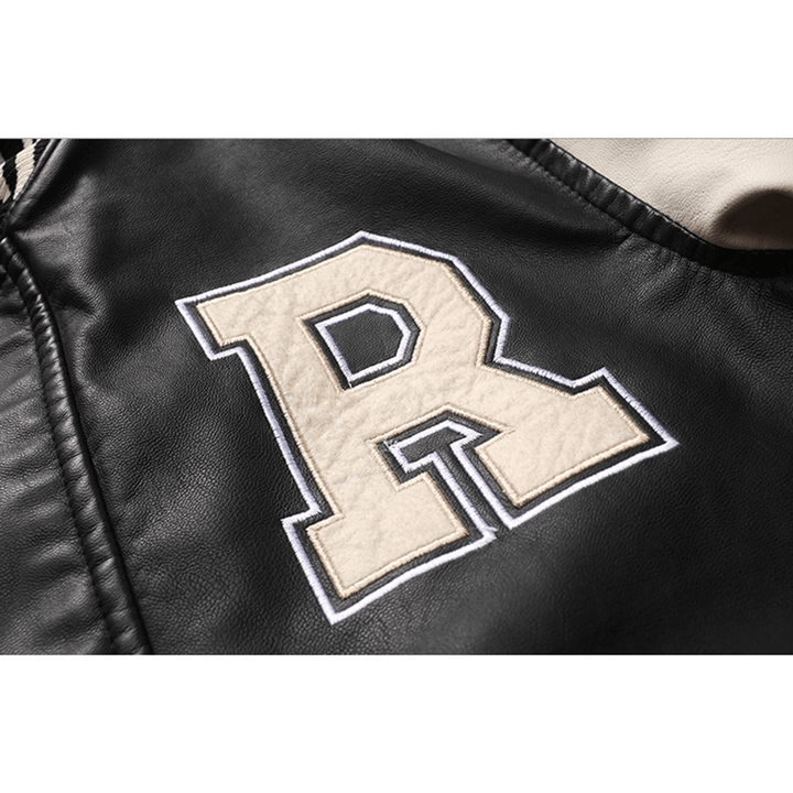 Men'S Motorcycle Style PU Leather Patchwork Badge Decoration Slim Fit Baseball Jacket - MRSLM