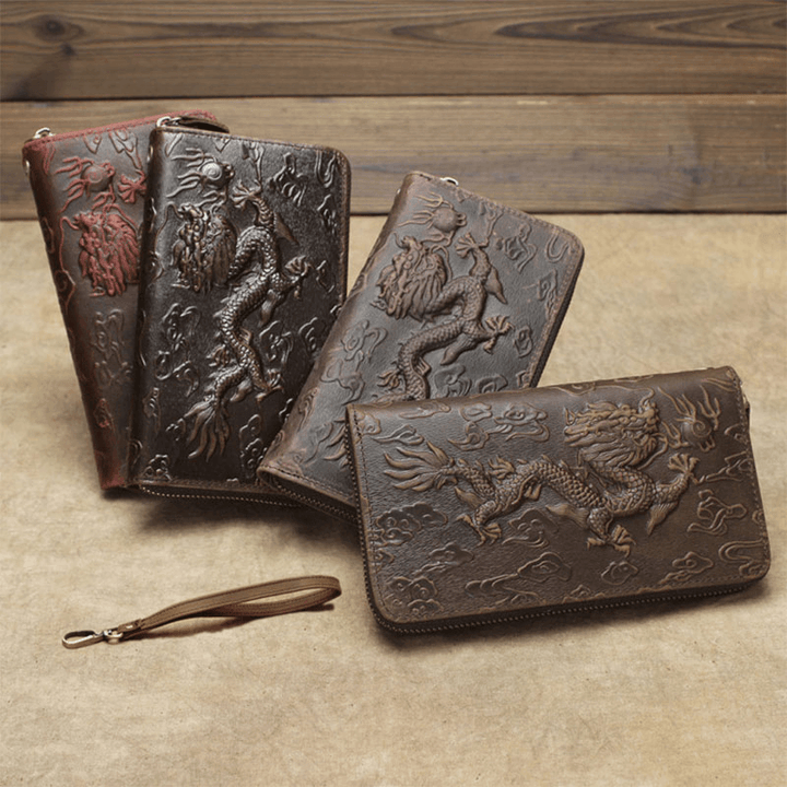 Men Genuine Leather Cowhide Dragon Pattern Retro Multi-Slot Long Clutch Purse Card Holder Wallet - MRSLM