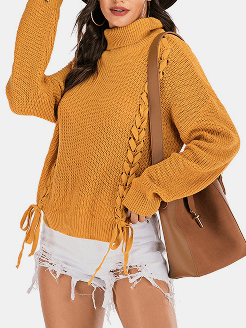 Women Bandage High Neck Pullover Warm Yellow Knitting Sweaters - MRSLM