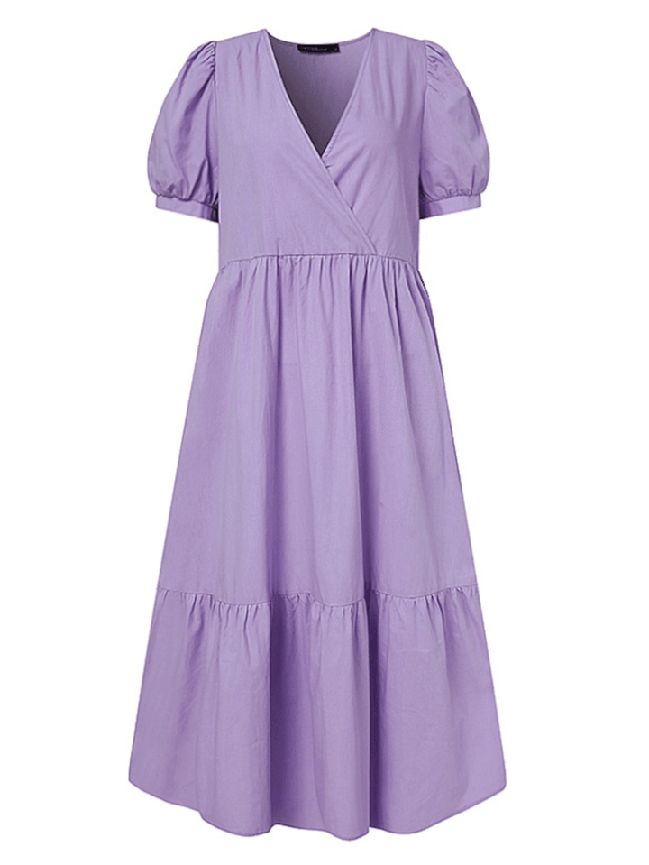 Women Cotton V-Neck Puff Sleeve Holiday Pleated Stitching Maxi Dress - MRSLM