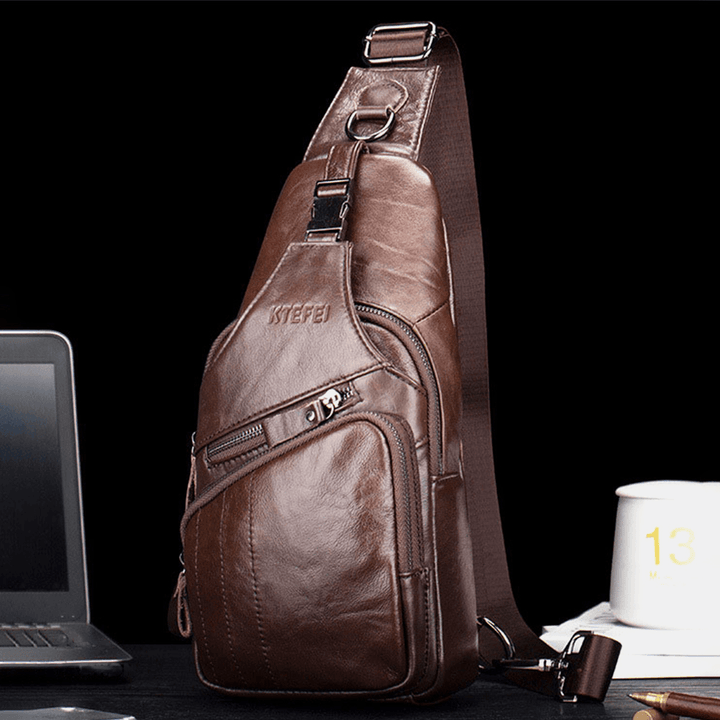Men Genuine Leather Multi-Pocket Large Capacity Vintage First Layer Cowhide Crossbody Bags Shoulder Bag Chest Bag - MRSLM