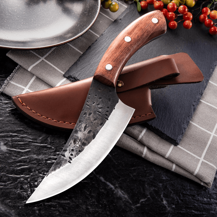 Forged Boning Kitchen Knife Stainless Steel Meat Cleaver Chopper Fish Butcher Outdoor Survival Camping Hunting Chef Knife with Leather Sheath Cover - MRSLM