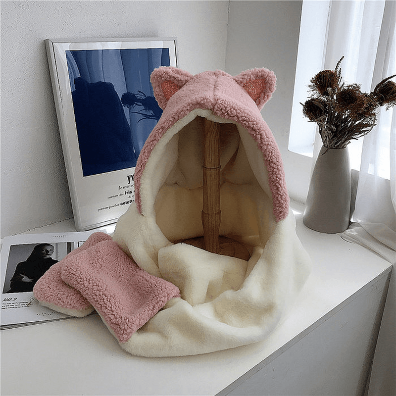 Cute Cat Ears Color Matching Plush Hooded Scarf - MRSLM