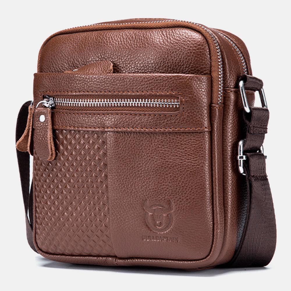 BULLCAPTAIN Men Retro Two Front Pocket First Layer Cowhide Crossbody Bag Casual Large Capacity 6.5 Inch Phone Bag Shoulder Bag - MRSLM