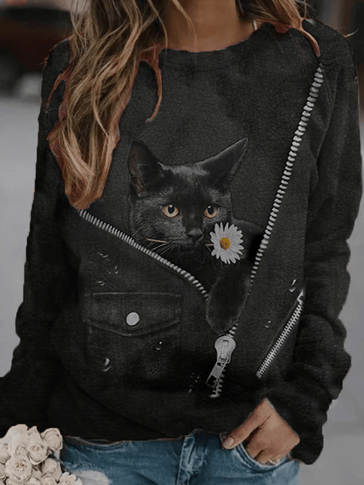 Women Cute Black Cat Daisy Print O-Neck Casual Long Sleeve Sweatshirts - MRSLM