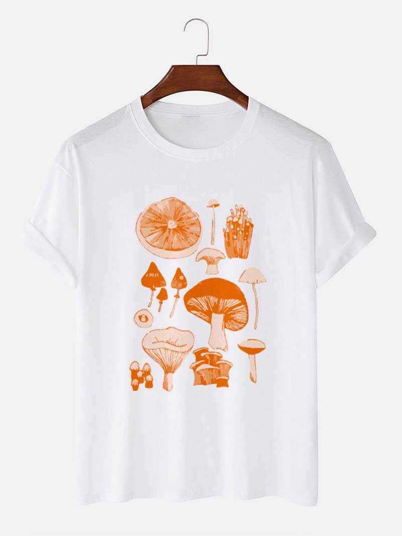 Mens 100% Cotton Vintage Mushroom Print O-Neck Short Sleeve Casual T-Shirt - MRSLM