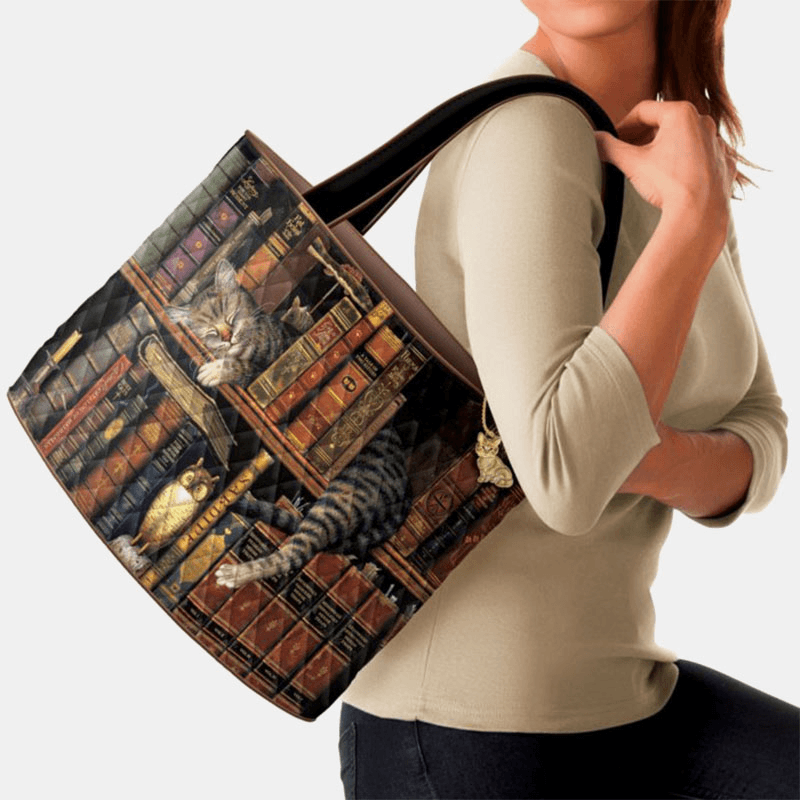 Women Cute Nap Cat Bookshelf Literary Works Pattern Decoration Shoulder Bag Handbag Tote - MRSLM